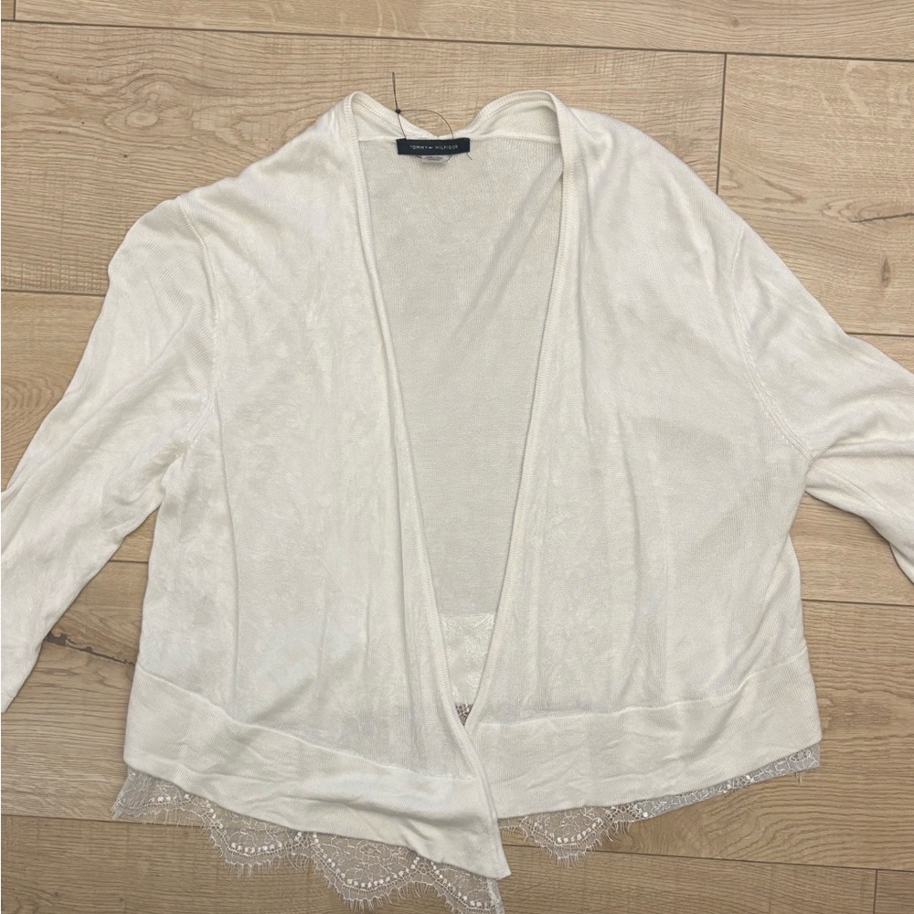 Cottagecore White Cardigan with Lace Trim Cropped Preppy Tommy Hilfiger